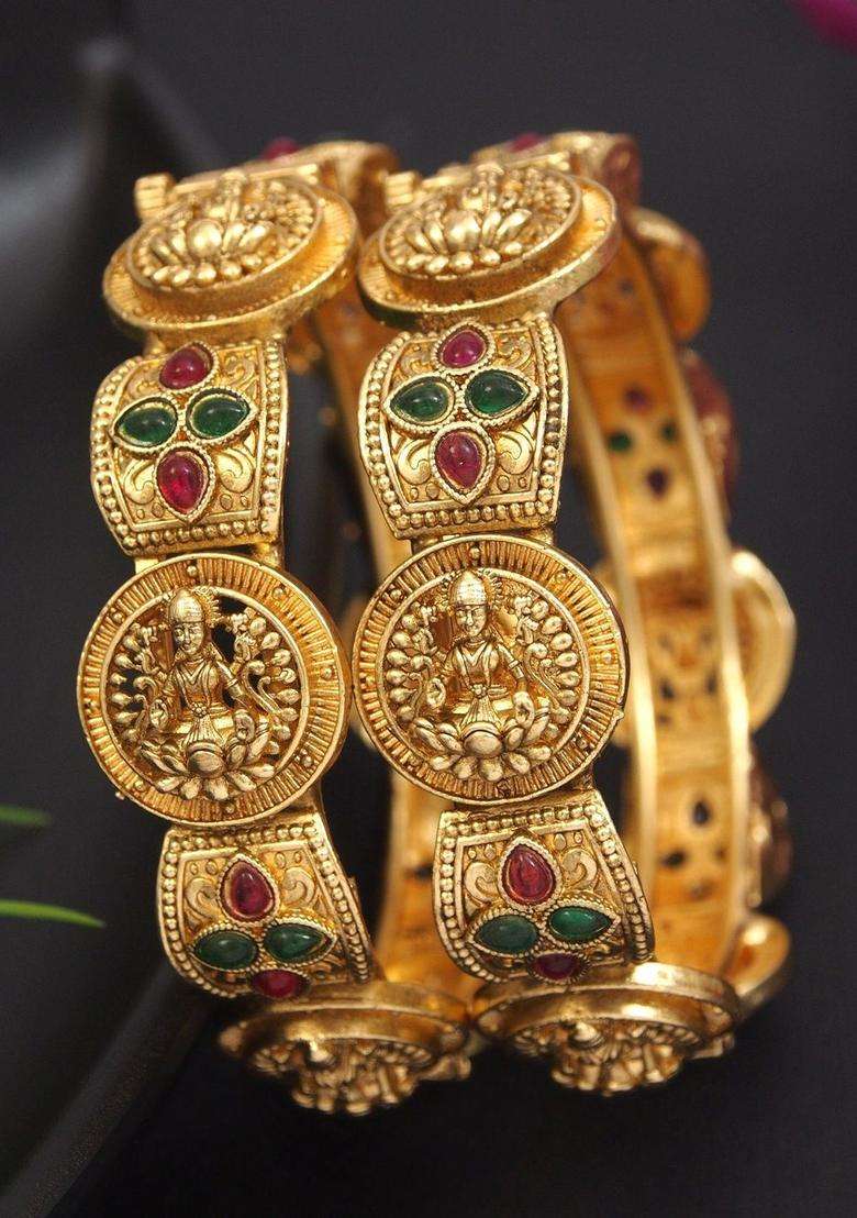 Gold-Plated Temple Stone Studded & Beaded Bangle for Women | Traditional Temple Jewellery for Wedding & Festive Wear | Gift for Her - Indya