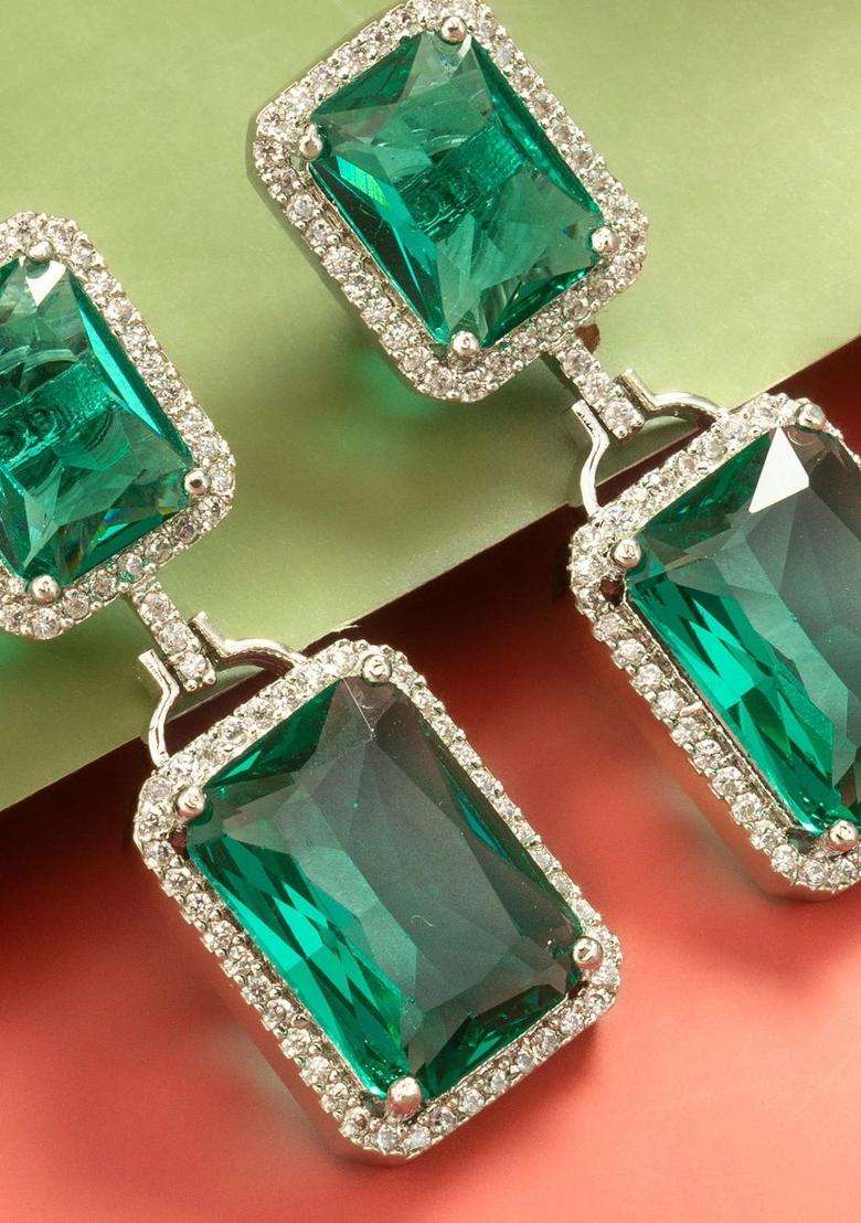 Silver-Plated Geometric Drop Earrings with American Diamond for Women | Fusion Party & Festive Wear | Gift for Her - Indya