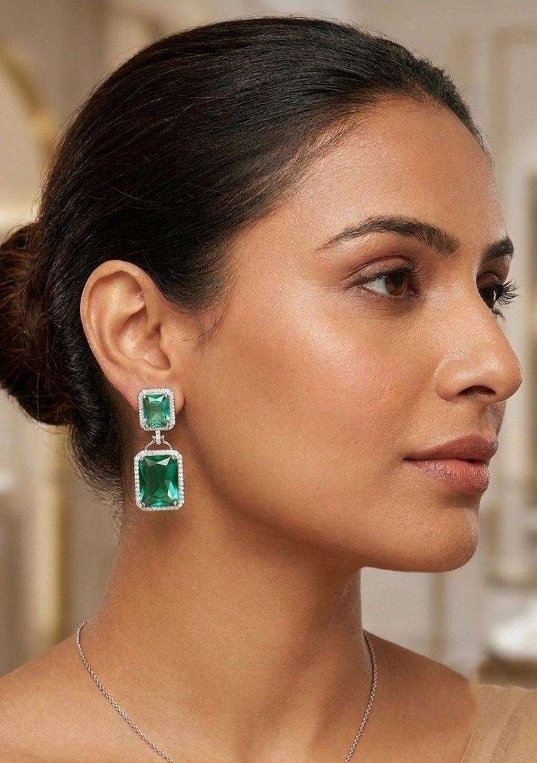 Silver-Plated Geometric Drop Earrings with American Diamond for Women | Fusion Party & Festive Wear | Gift for Her - Indya