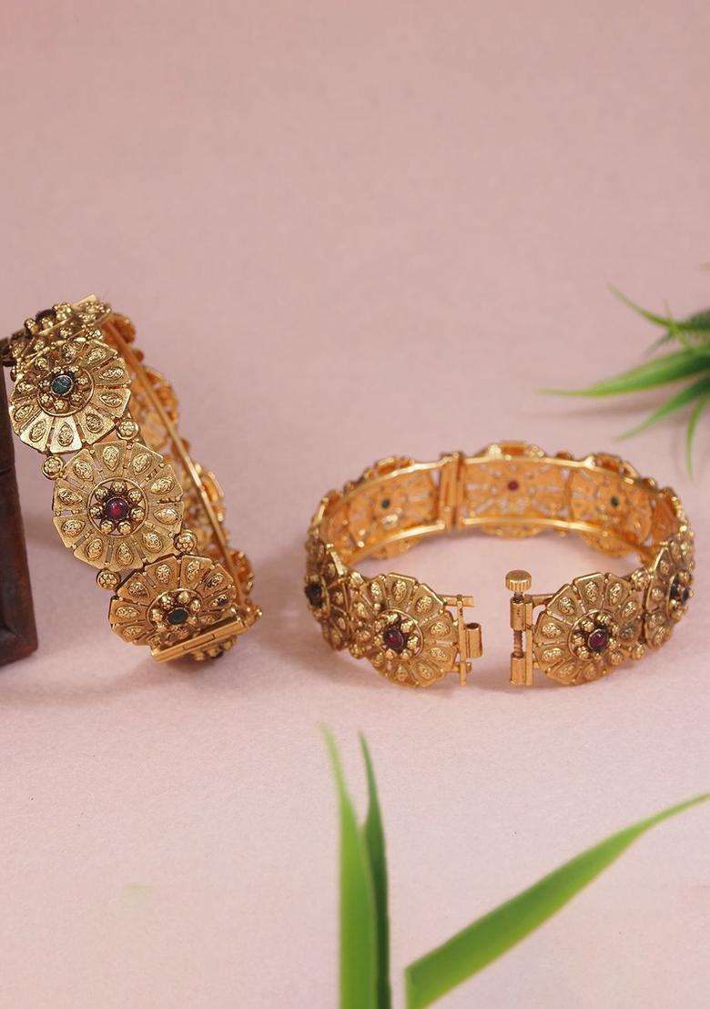 Set of 2 Gold-Plated Stone Studded Bangles for Women | Traditional Temple Jewellery for Wedding & Festive Wear | Gift for Her - Indya