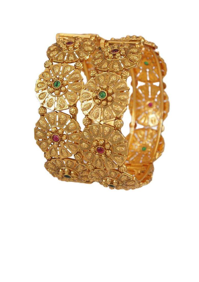 Set of 2 Gold-Plated Stone Studded Bangles for Women | Traditional Temple Jewellery for Wedding & Festive Wear | Gift for Her - Indya