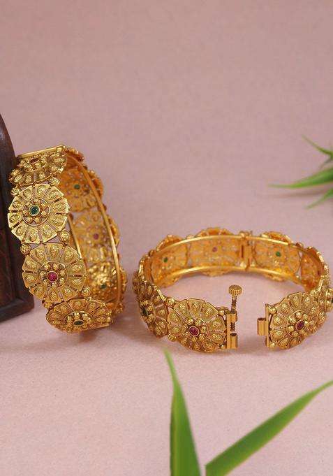 Set of 2 Gold-Plated Stone Studded Bangles for Women | Traditional Temple Jewellery for Wedding & Festive Wear | Gift for Her