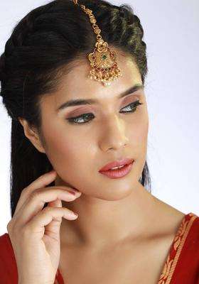 Green & Red Gold-Plated Stone-Studded & Beaded Floral Temple Maang Tikka for Women | Traditional Temple Jewellery for Wedding & Festive Wear | Gift for Her