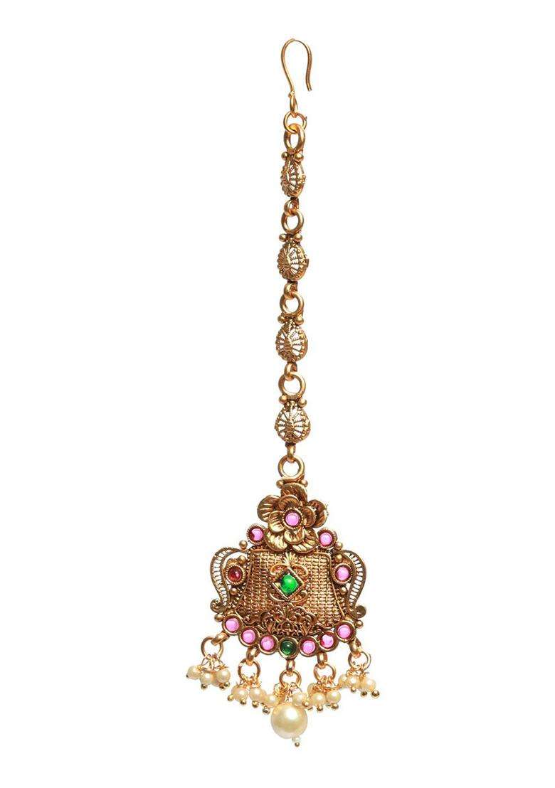 Green & Red Gold-Plated Stone-Studded & Beaded Floral Temple Maang Tikka for Women | Traditional Temple Jewellery for Wedding & Festive Wear | Gift for Her - Indya
