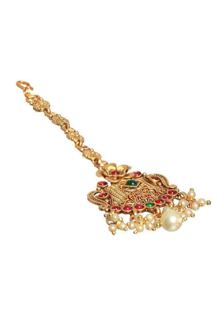 Green & Red Gold-Plated Stone-Studded & Beaded Floral Temple Maang Tikka for Women | Traditional Temple Jewellery for Wedding & Festive Wear | Gift for Her - Indya
