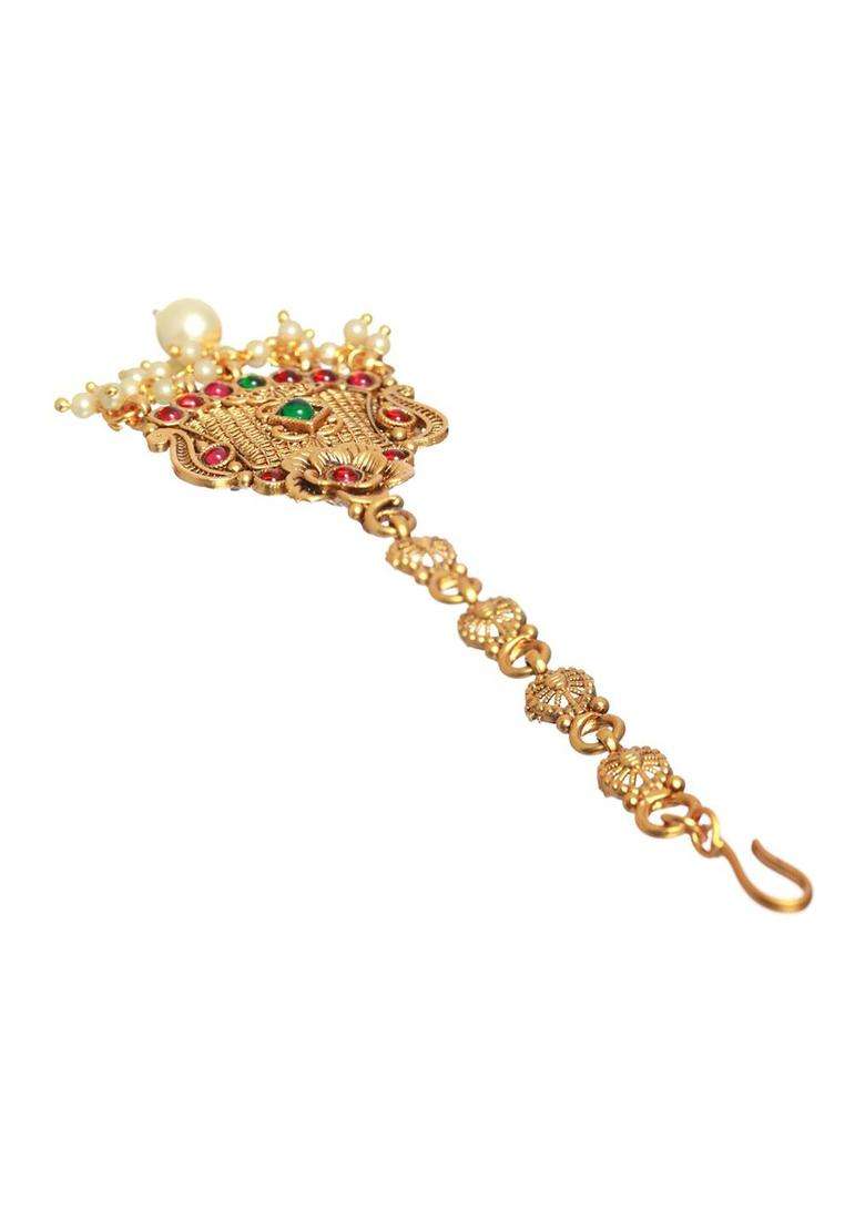 Green & Red Gold-Plated Stone-Studded & Beaded Floral Temple Maang Tikka for Women | Traditional Temple Jewellery for Wedding & Festive Wear | Gift for Her - Indya