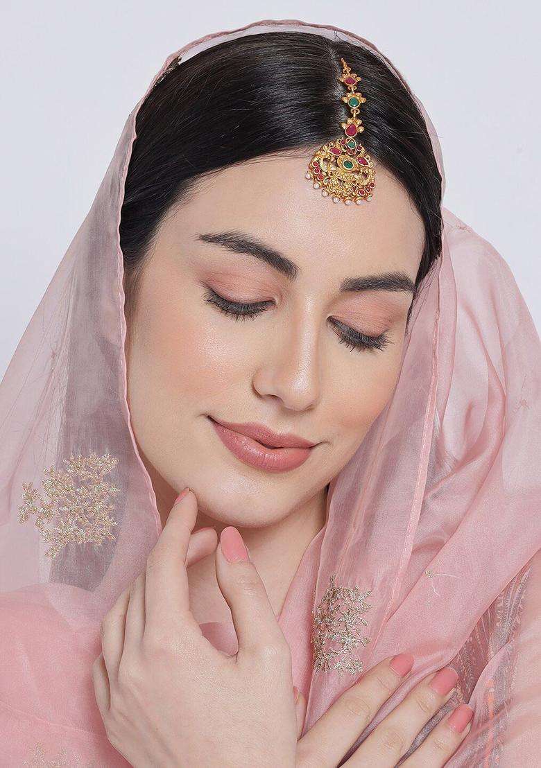 Red & Green Gold-Plated Stone-Studded Peacock Maang Tikka for Women | Traditional Temple Jewellery for Wedding & Festive Wear | Gift for Her - Indya