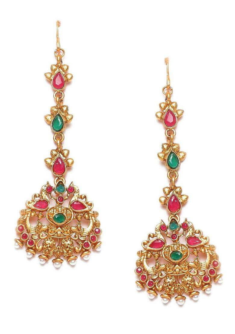 Red & Green Gold-Plated Stone-Studded Peacock Maang Tikka for Women | Traditional Temple Jewellery for Wedding & Festive Wear | Gift for Her - Indya