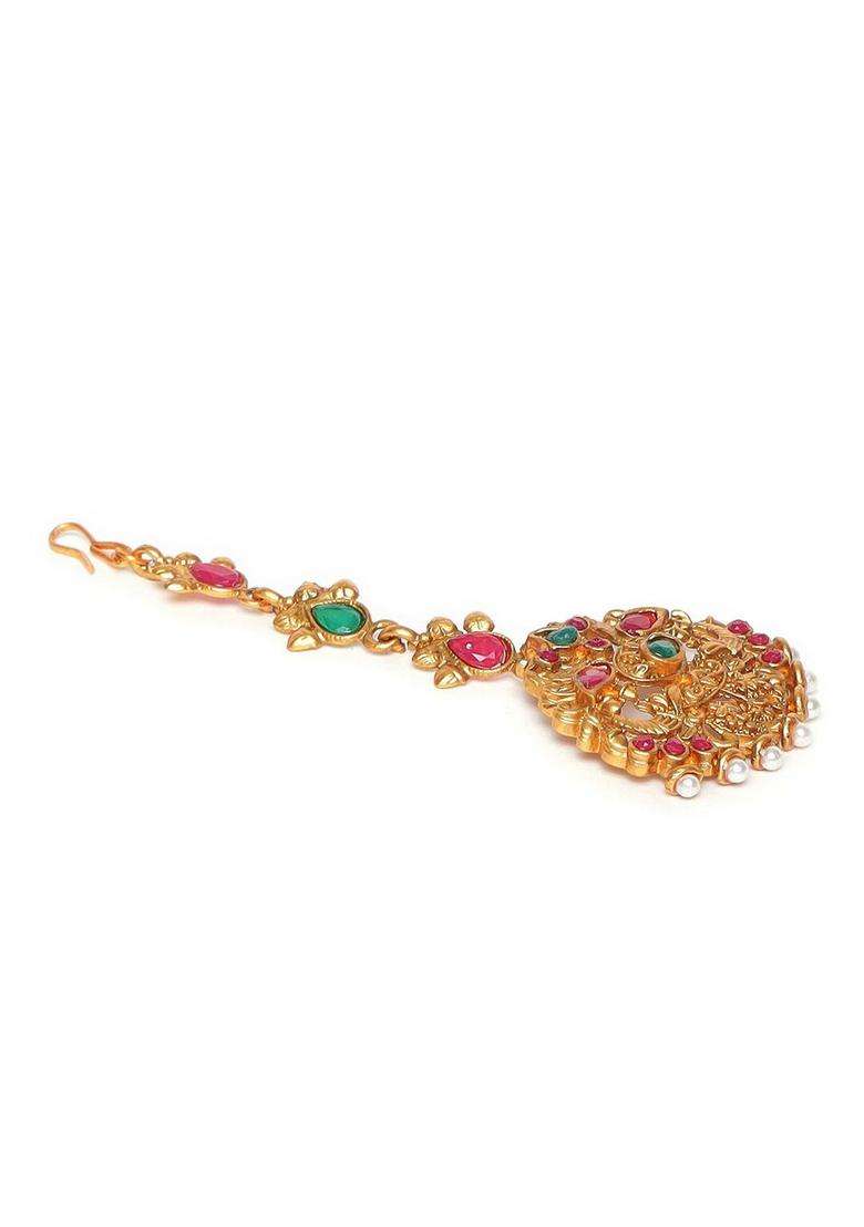 Red & Green Gold-Plated Stone-Studded Peacock Maang Tikka for Women | Traditional Temple Jewellery for Wedding & Festive Wear | Gift for Her - Indya
