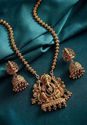Gold-Plated Long Mala Ganesh Jii Necklace Set with Earrings for Women | Traditional Temple Jewellery for Wedding & Festive Wear | Gift for Her