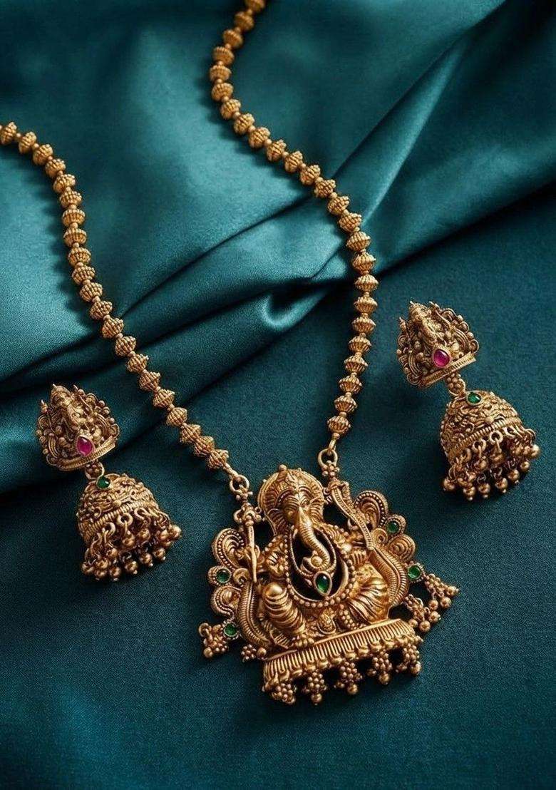 Gold-Plated Long Mala Ganesh Jii Necklace Set with Earrings for Women | Traditional Temple Jewellery for Wedding & Festive Wear | Gift for Her - Indya