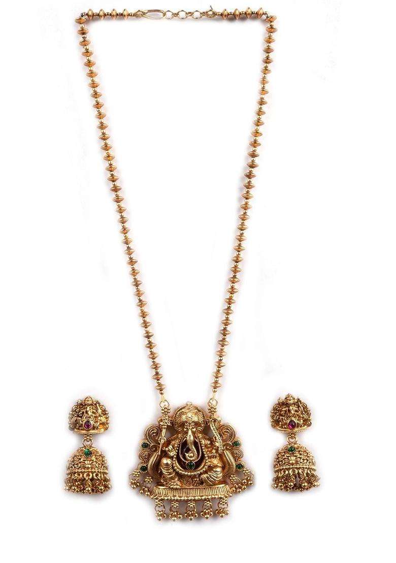 Gold-Plated Long Mala Ganesh Jii Necklace Set with Earrings for Women | Traditional Temple Jewellery for Wedding & Festive Wear | Gift for Her - Indya