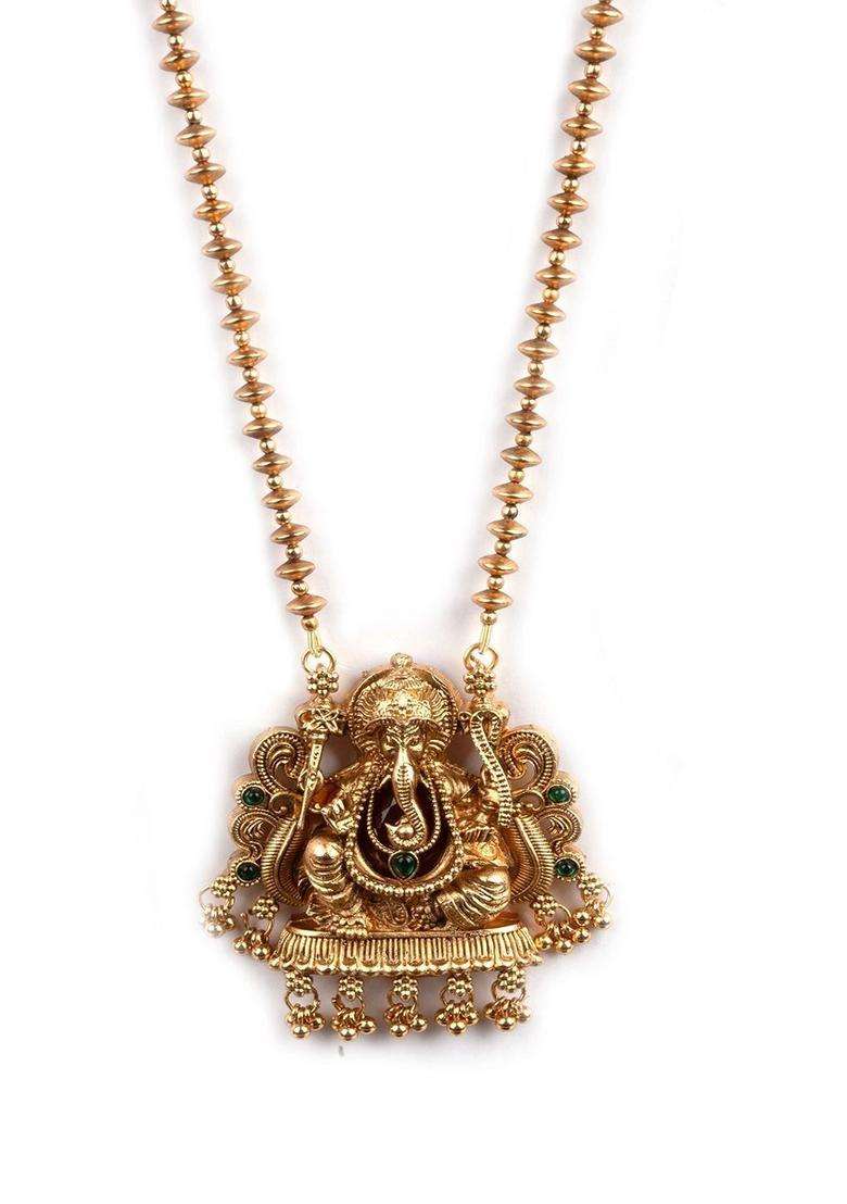 Gold-Plated Long Mala Ganesh Jii Necklace Set with Earrings for Women | Traditional Temple Jewellery for Wedding & Festive Wear | Gift for Her - Indya