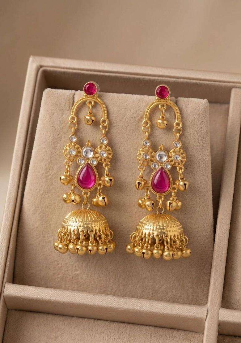 Gold-Plated Teardrop Shaped Jhumkas Earrings for Women | Traditional Temple Jewellery for Wedding & Festive Wear | Gift for Her - Indya