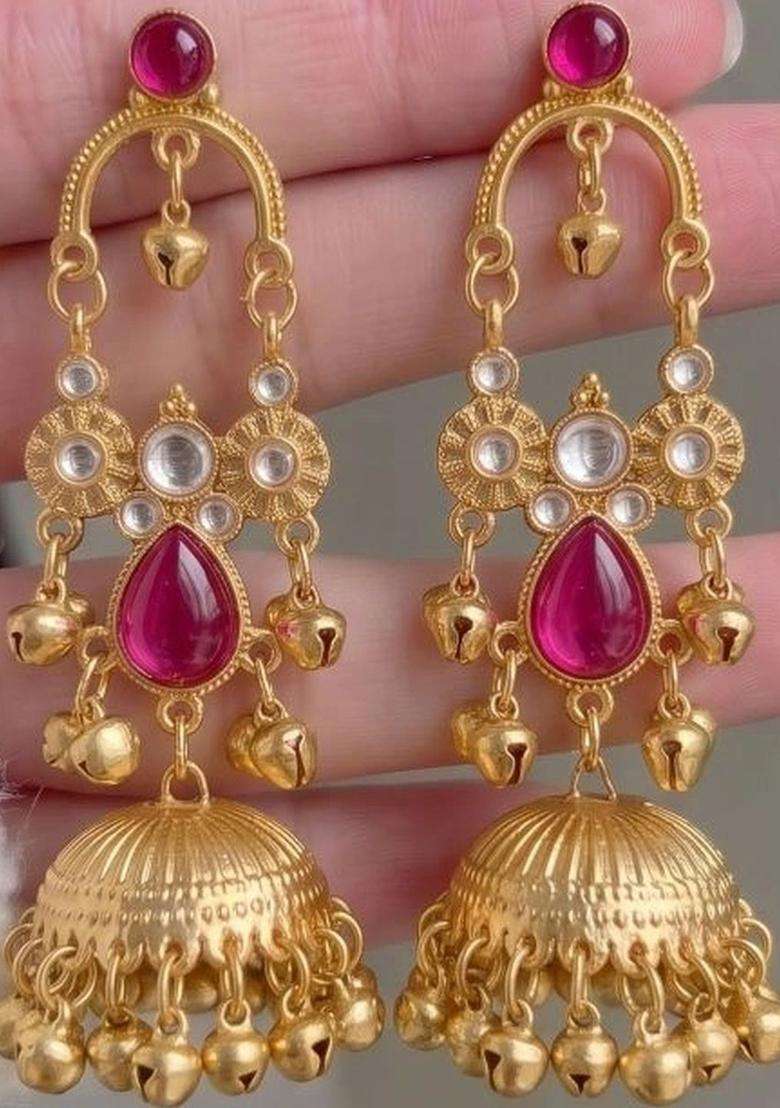 Gold-Plated Teardrop Shaped Jhumkas Earrings for Women | Traditional Temple Jewellery for Wedding & Festive Wear | Gift for Her - Indya
