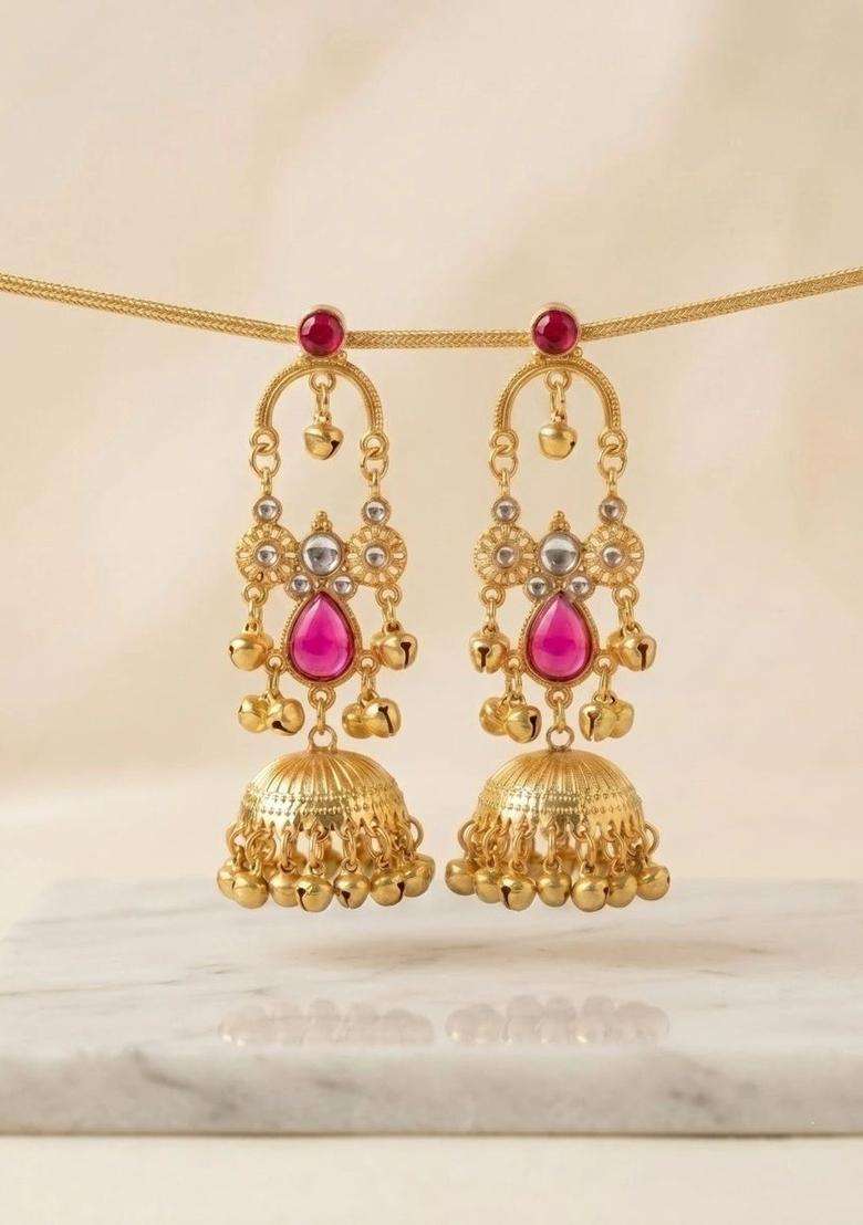 Gold-Plated Teardrop Shaped Jhumkas Earrings for Women | Traditional Temple Jewellery for Wedding & Festive Wear | Gift for Her - Indya