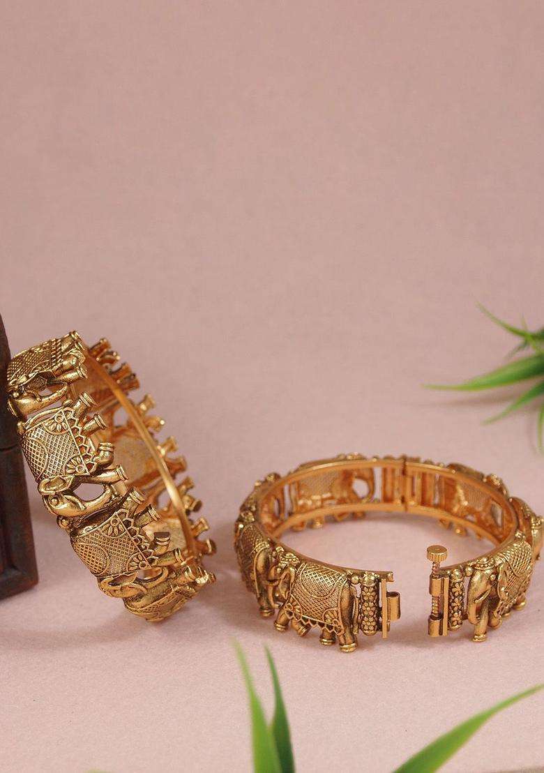 Set of 2 Gold-Plated Temple Bangles for Women | Traditional Temple Jewellery for Wedding & Festive Wear | Gift for Her - Indya