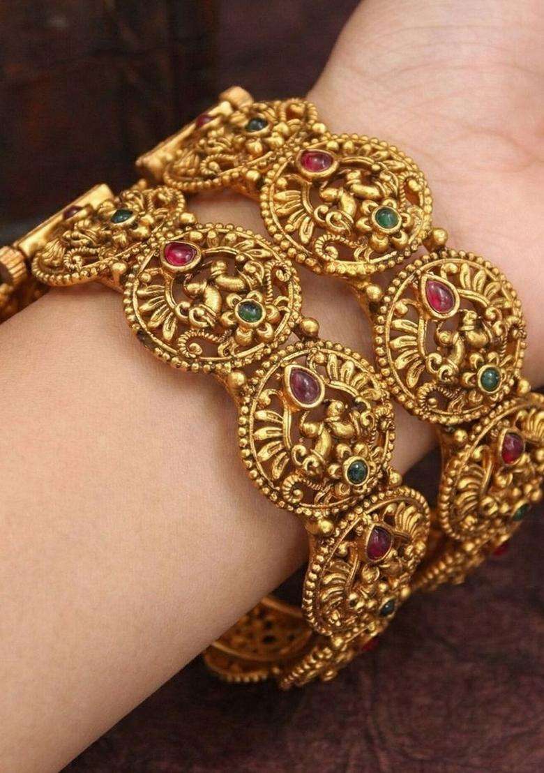 Set of 2 Gold-Plated Stones-Studded Bangle for Women | Traditional Temple Jewellery for Wedding & Festive Wear | Gift for Her - Indya