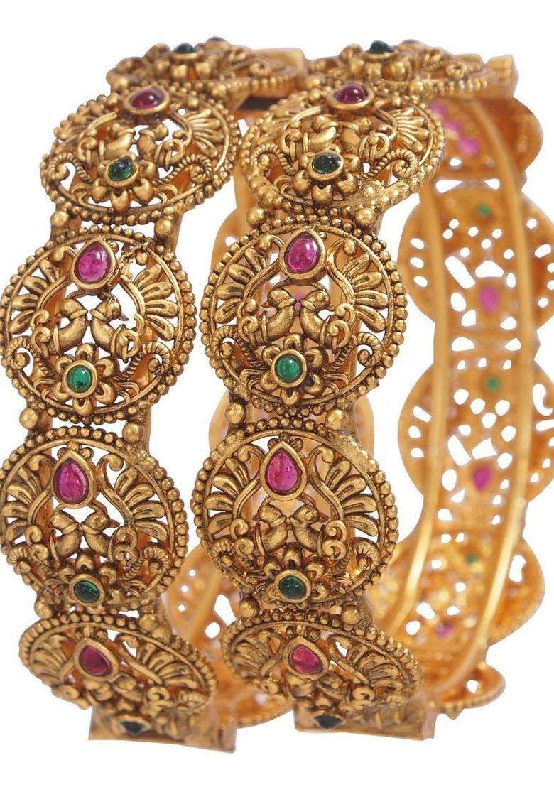 Set of 2 Gold-Plated Stones-Studded Bangle for Women | Traditional Temple Jewellery for Wedding & Festive Wear | Gift for Her - Indya
