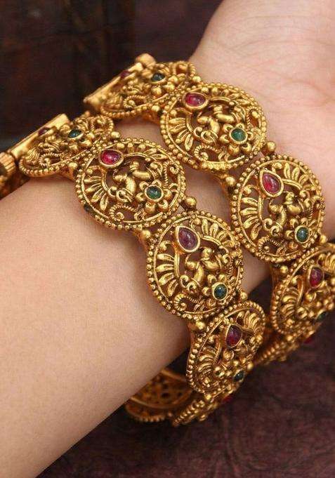 Set of 2 Gold-Plated Stones-Studded Bangle for Women | Traditional Temple Jewellery for Wedding & Festive Wear | Gift for Her