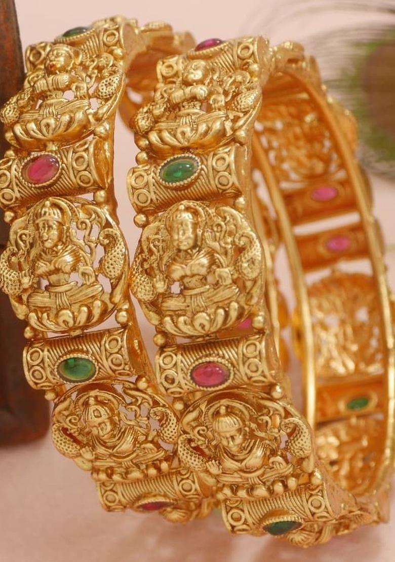 Set of 2 Gold-Plated Stones-Studded Bangle for Women | Traditional Temple Jewellery for Wedding & Festive Wear | Gift for Her - Indya