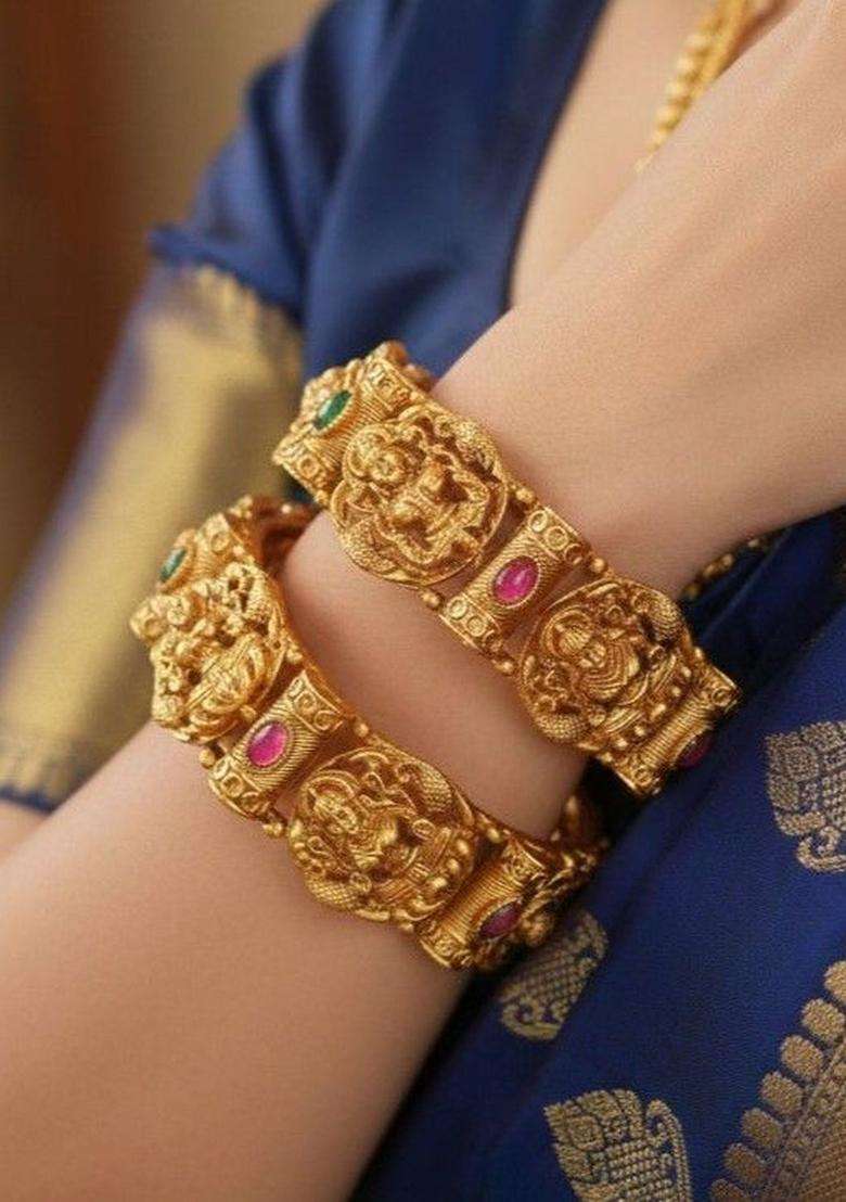 Set of 2 Gold-Plated Stones-Studded Bangle for Women | Traditional Temple Jewellery for Wedding & Festive Wear | Gift for Her - Indya