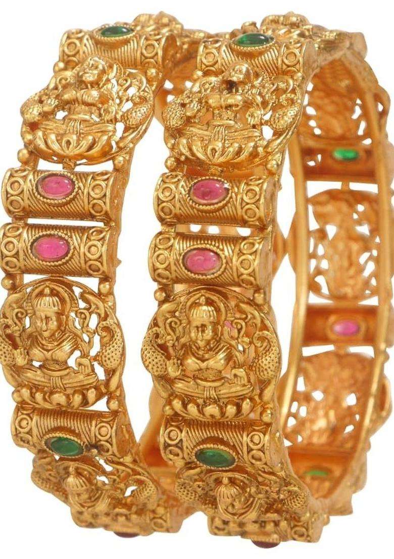 Set of 2 Gold-Plated Stones-Studded Bangle for Women | Traditional Temple Jewellery for Wedding & Festive Wear | Gift for Her - Indya