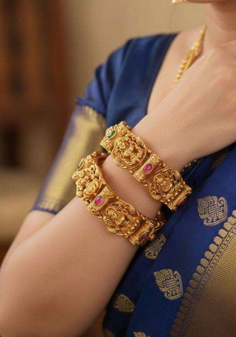 Set of 2 Gold-Plated Stones-Studded Bangle for Women | Traditional Temple Jewellery for Wedding & Festive Wear | Gift for Her
