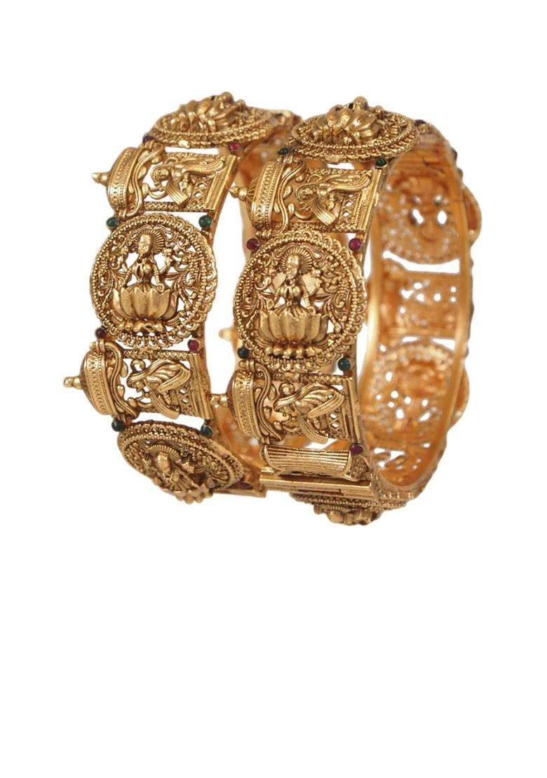 Set of 2 Gold-Plated Stone Studded Temple Bangles for Women | Traditional Temple Jewellery for Wedding & Festive Wear | Gift for Her - Indya
