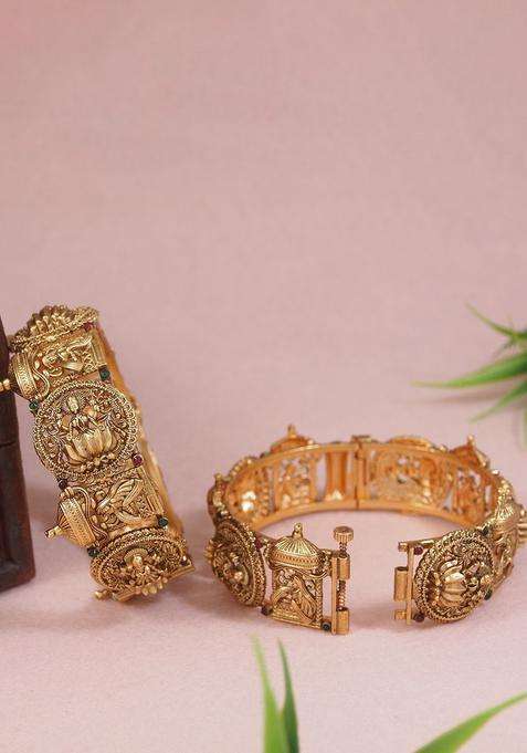 Set of 2 Gold-Plated Stone Studded Temple Bangles for Women | Traditional Temple Jewellery for Wedding & Festive Wear | Gift for Her