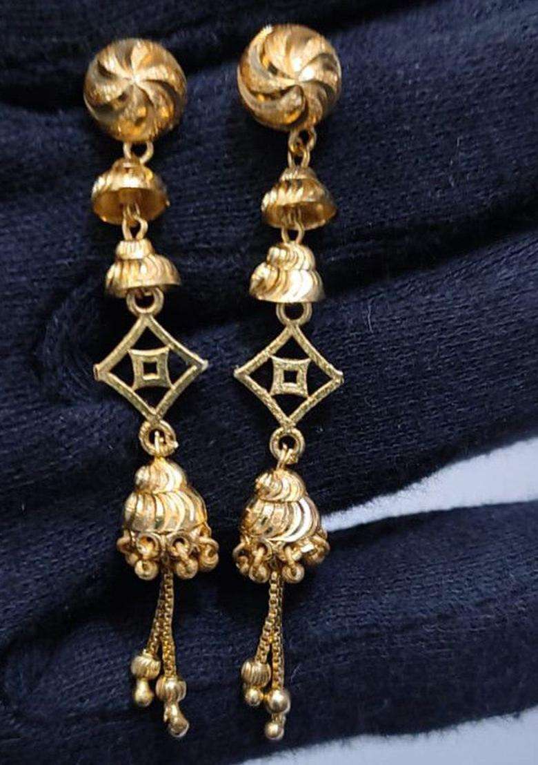 2 Gram Gold-Plated Hanging Sui Dhaga Temple Dome Shaped Jhumkas for Women | Traditional Temple Jewellery for Wedding & Festive Wear | Gift for Her - Indya