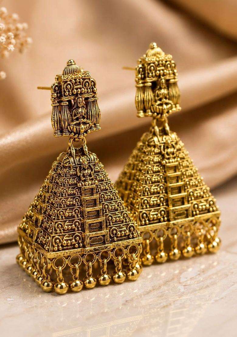 Gold-Plated Triangular Jhumkas Earrings for Women | Traditional Temple Jewellery for Wedding & Festive Wear | Gift for Her - Indya