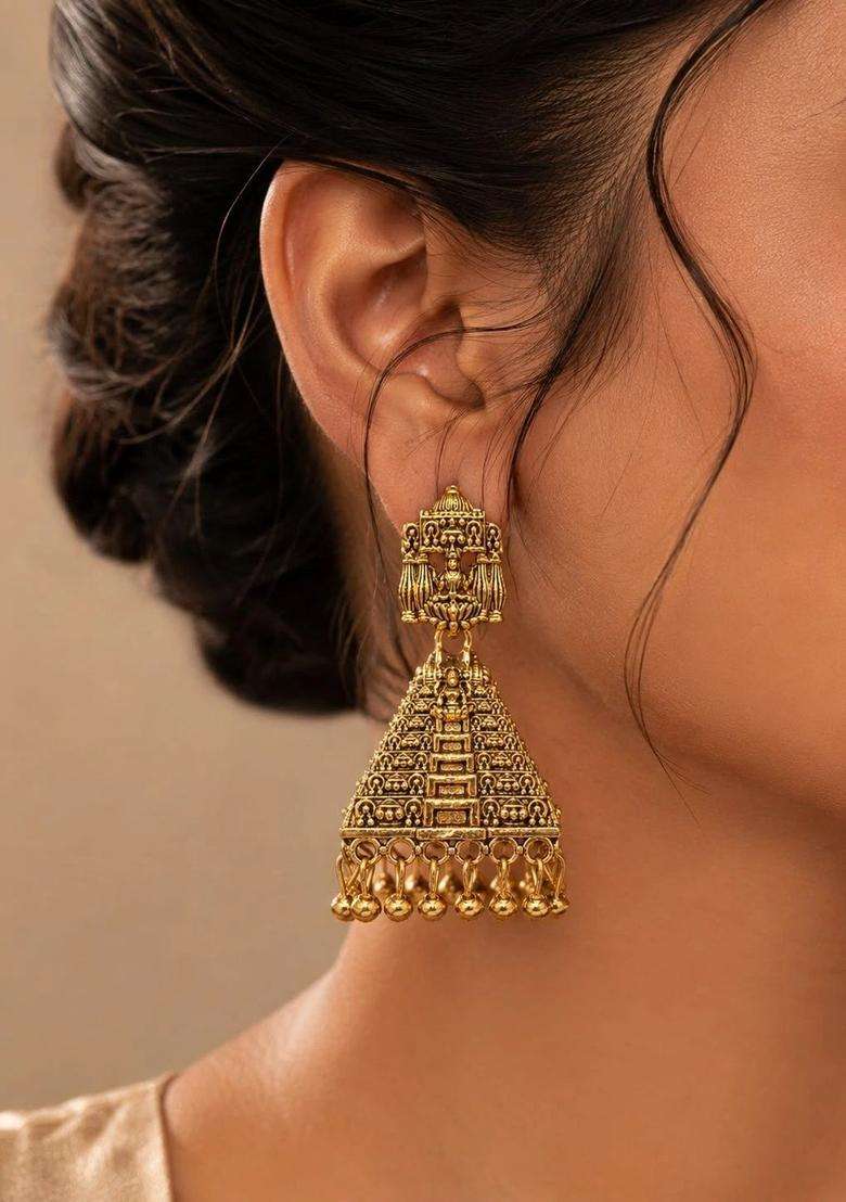 Gold-Plated Triangular Jhumkas Earrings for Women | Traditional Temple Jewellery for Wedding & Festive Wear | Gift for Her - Indya