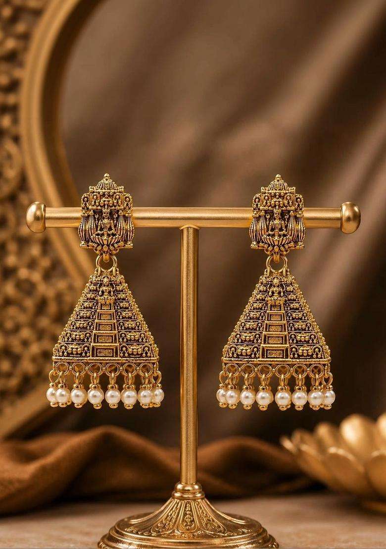 Gold-Plated Geometric Jhumkas Earrings for Women | Traditional Temple Jewellery for Wedding & Festive Wear | Gift for Her - Indya