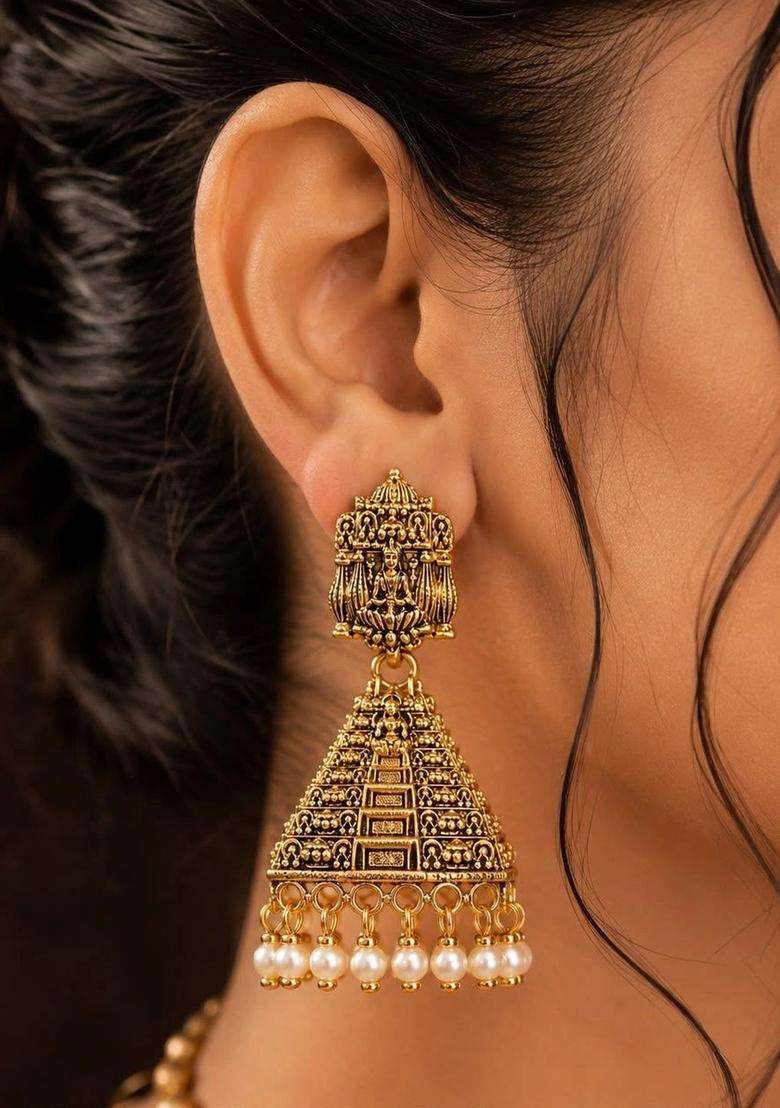 Gold-Plated Geometric Jhumkas Earrings for Women | Traditional Temple Jewellery for Wedding & Festive Wear | Gift for Her - Indya