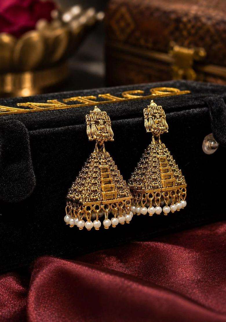 Gold-Plated Geometric Jhumkas Earrings for Women | Traditional Temple Jewellery for Wedding & Festive Wear | Gift for Her - Indya