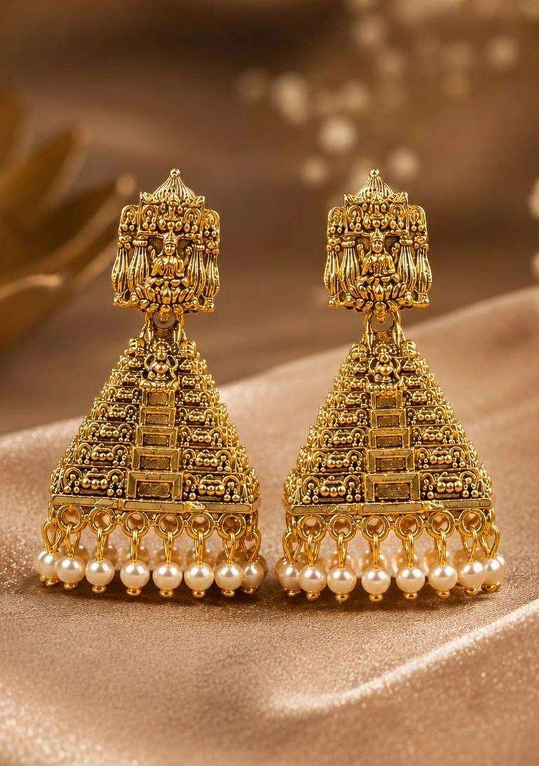 Gold-Plated Geometric Jhumkas Earrings for Women | Traditional Temple Jewellery for Wedding & Festive Wear | Gift for Her - Indya