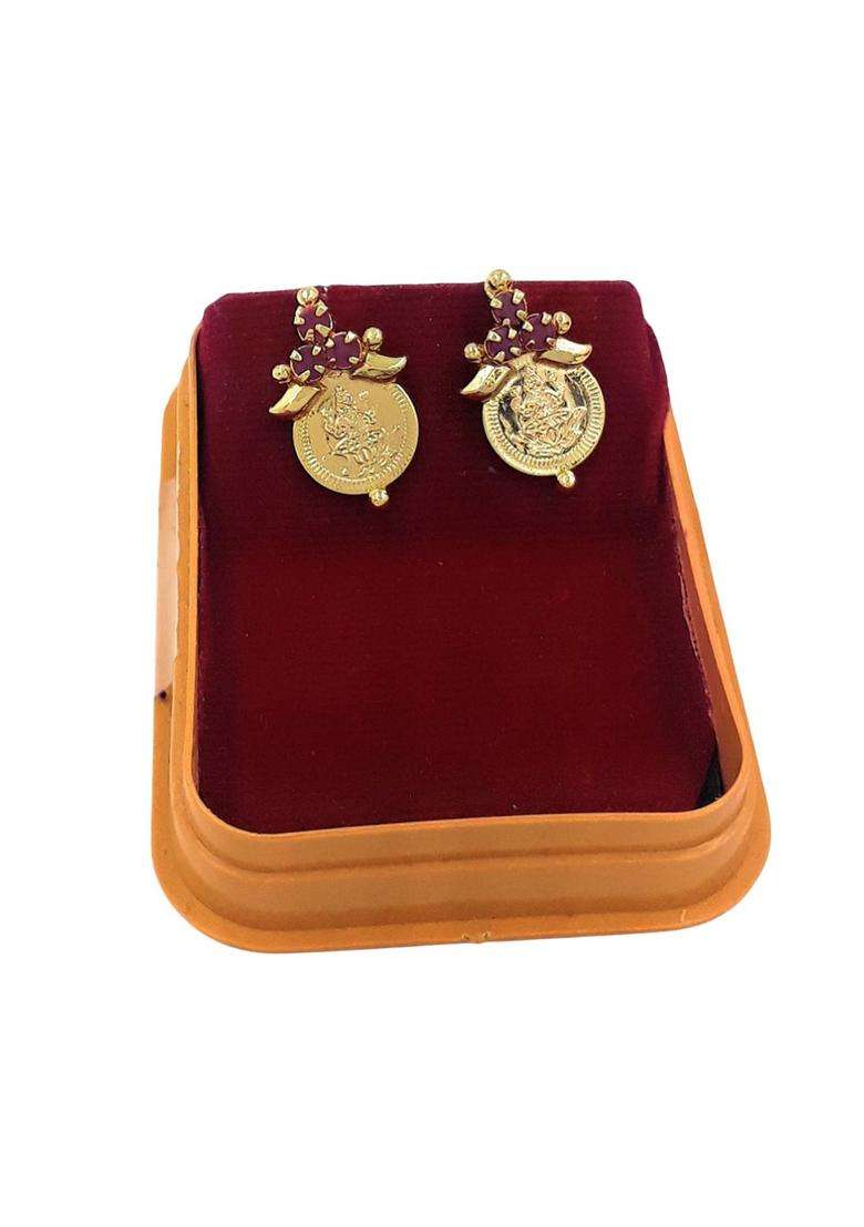 Gold-Plated American Diamond Studded Coin Contemporary Temple Studs for Women | Traditional Temple Jewellery for Wedding & Festive Wear | Gift for Her - Indya