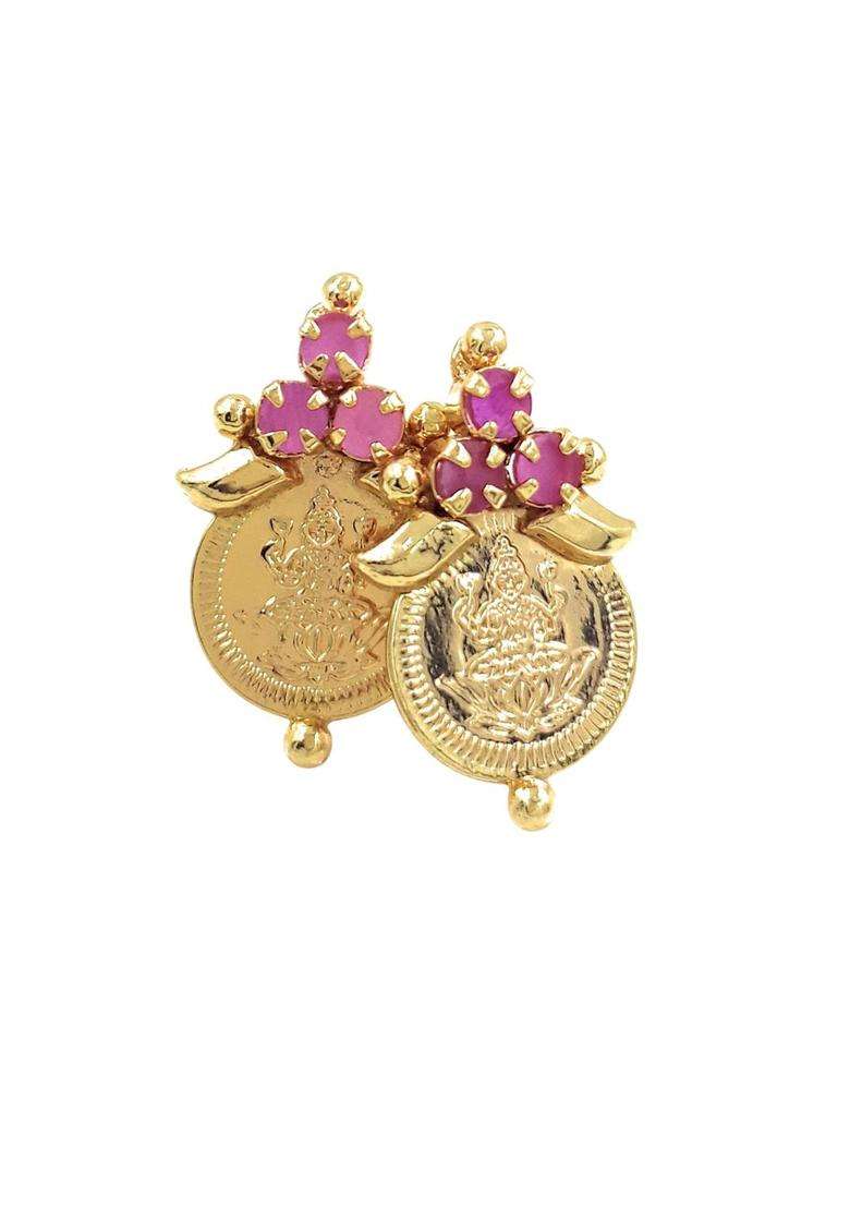 Gold-Plated American Diamond Studded Coin Contemporary Temple Studs for Women | Traditional Temple Jewellery for Wedding & Festive Wear | Gift for Her - Indya