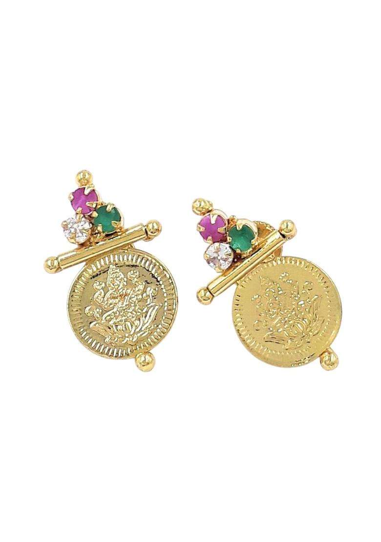 Gold-Plated American Diamond Studded Circular Drop Earrings for Women | Traditional Temple Jewellery for Wedding & Festive Wear | Gift for Her - Indya