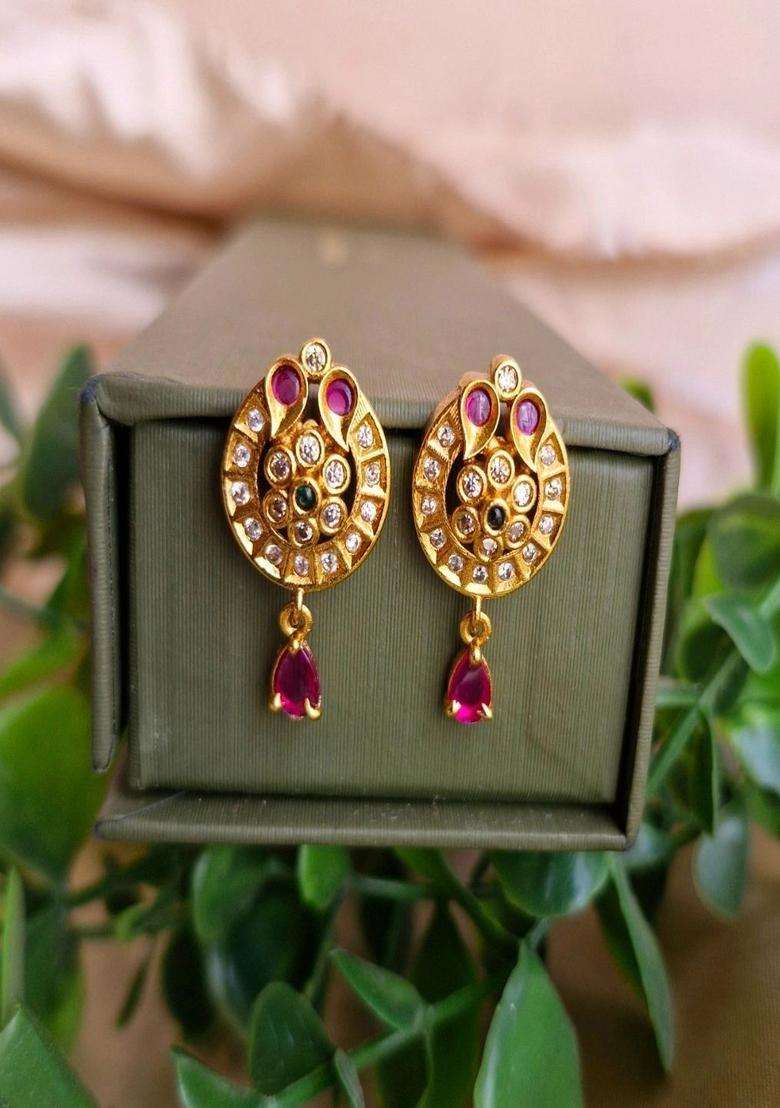 Gold-Plated Circular Studs Earrings with American Diamond for Women | Traditional Temple Jewellery for Wedding & Festive Wear | Gift for Her - Indya