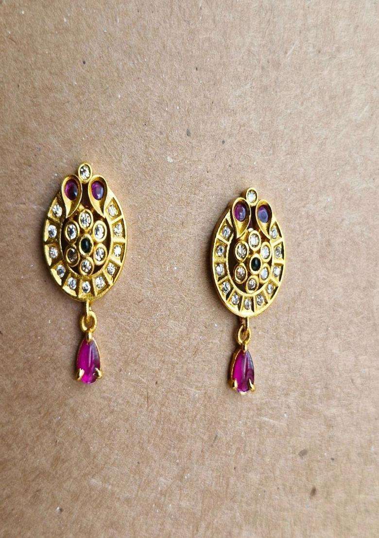 Gold-Plated Circular Studs Earrings with American Diamond for Women | Traditional Temple Jewellery for Wedding & Festive Wear | Gift for Her - Indya