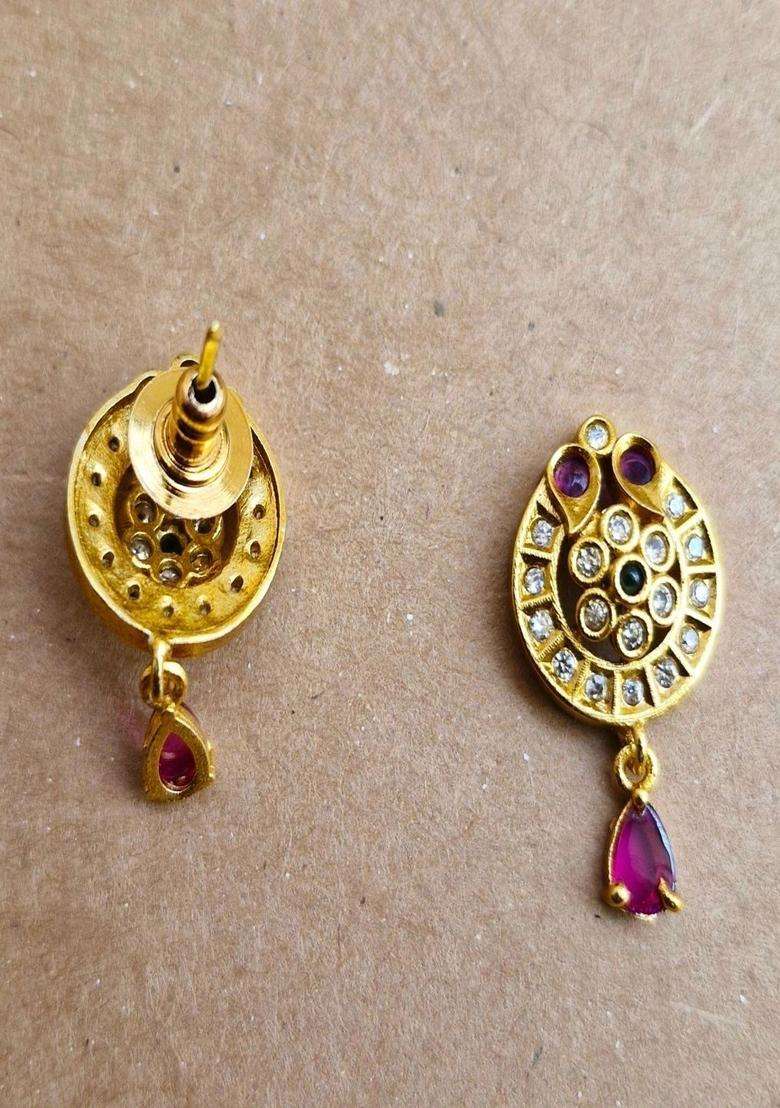 Gold-Plated Circular Studs Earrings with American Diamond for Women | Traditional Temple Jewellery for Wedding & Festive Wear | Gift for Her - Indya