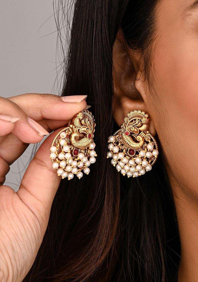 Gold-Plated Peacock Shaped Studs Earrings for Women | Traditional Temple Jewellery for Wedding & Festive Wear | Gift for Her - Indya