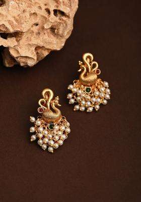 Gold-Plated Artificial Stones Studded and Beaded Peacock Shaped Studs for Women | Traditional Temple Jewellery for Wedding & Festive Wear | Gift for Her
