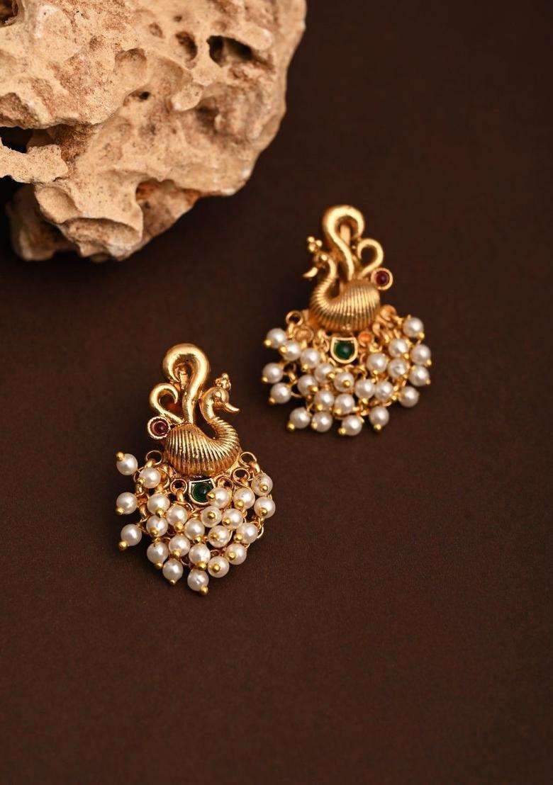 Gold-Plated Artificial Stones Studded and Beaded Peacock Shaped Studs for Women | Traditional Temple Jewellery for Wedding & Festive Wear | Gift for Her - Indya