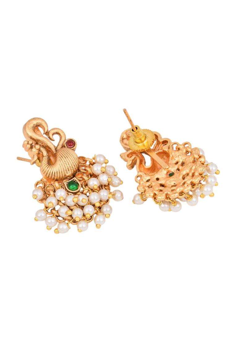 Gold-Plated Artificial Stones Studded and Beaded Peacock Shaped Studs for Women | Traditional Temple Jewellery for Wedding & Festive Wear | Gift for Her - Indya