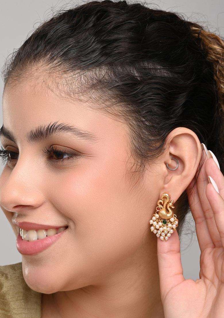 Gold-Plated Artificial Stones Studded and Beaded Peacock Shaped Studs for Women | Traditional Temple Jewellery for Wedding & Festive Wear | Gift for Her - Indya