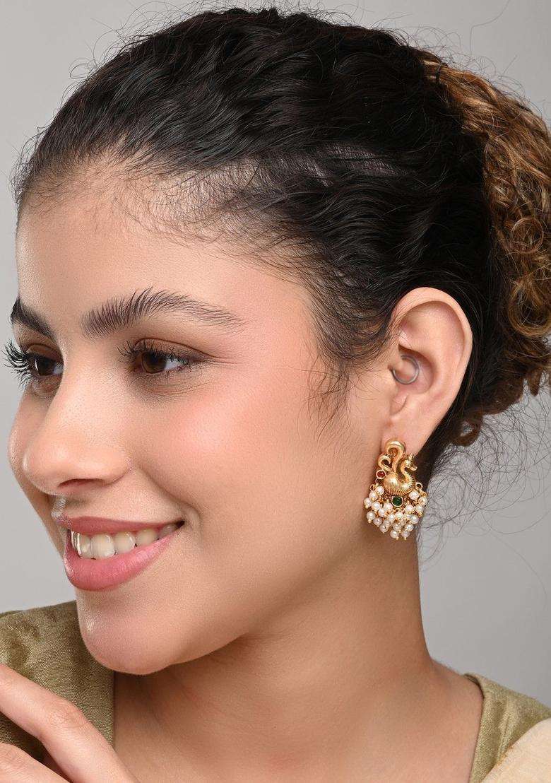 Gold-Plated Artificial Stones Studded and Beaded Peacock Shaped Studs for Women | Traditional Temple Jewellery for Wedding & Festive Wear | Gift for Her - Indya