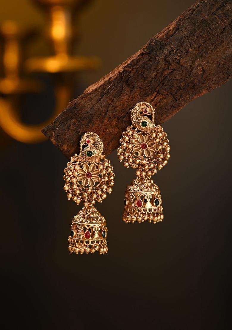 Gold-Plated Artificial Stones Studded & Beaded Dome Shaped Temple Jhumkas for Women | Traditional Temple Jewellery for Wedding & Festive Wear | Gift for Her - Indya